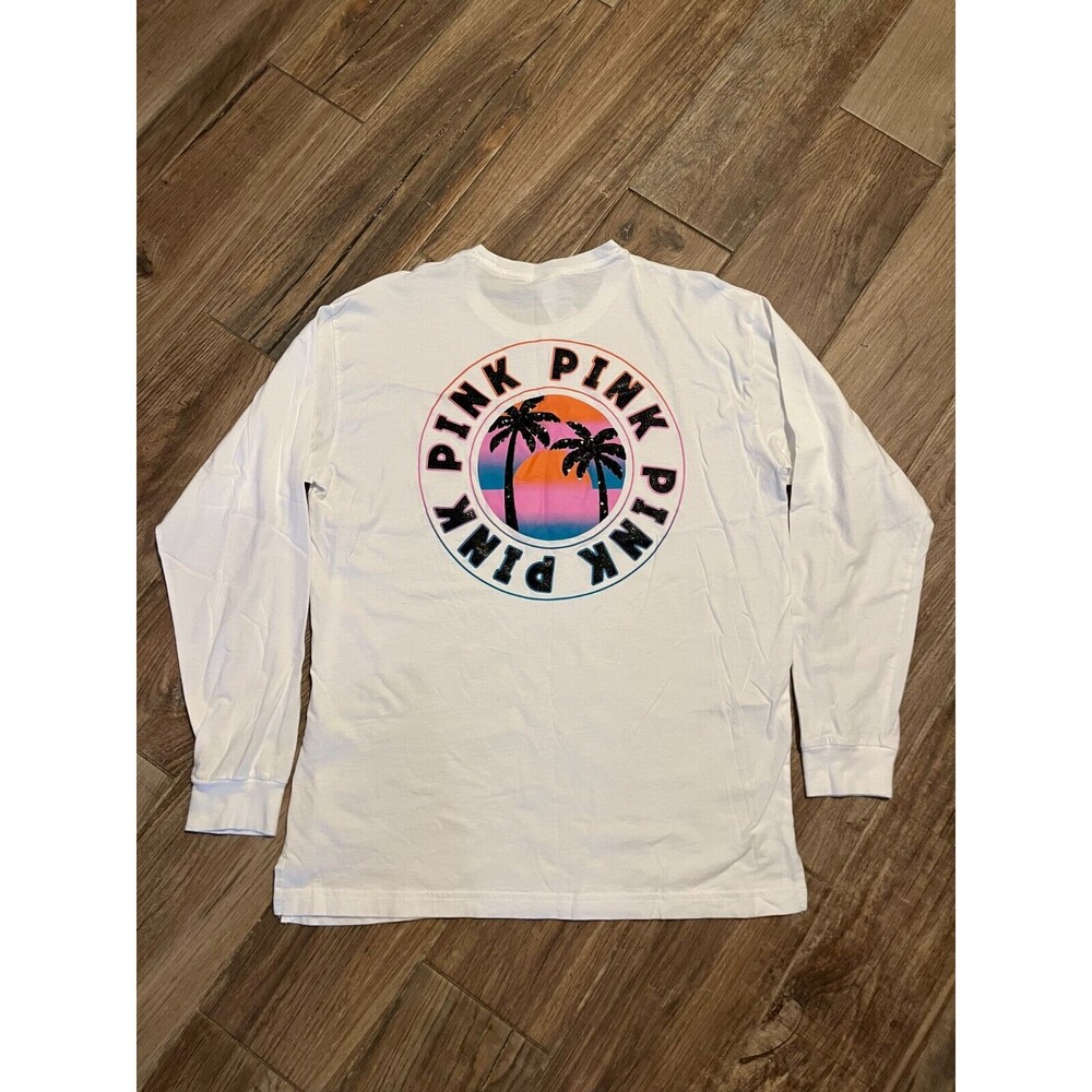 Victorias Secret PINK Womens White Campus Tee Long Sleeve Palm Trees & Clutch M